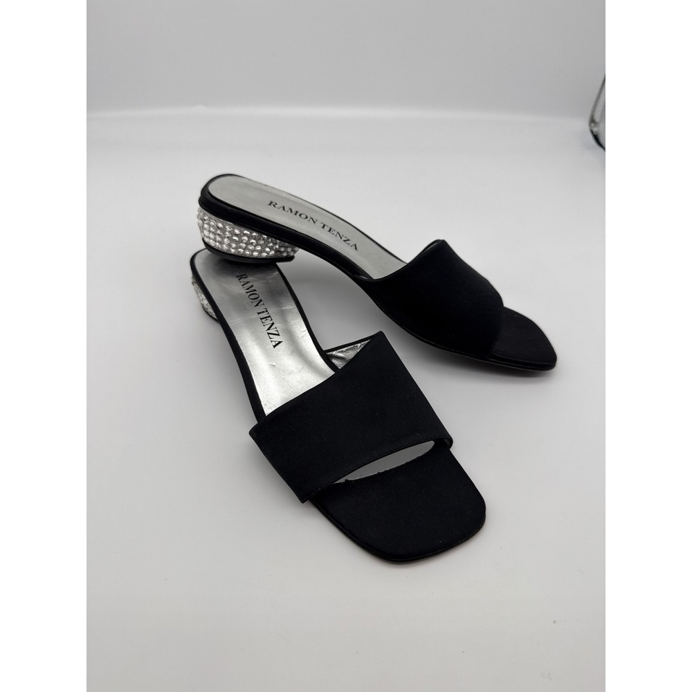 Ramon Tenza Black Rhinestone‎ Heart Heels Open Toe Slide Sandals Size 7.5
